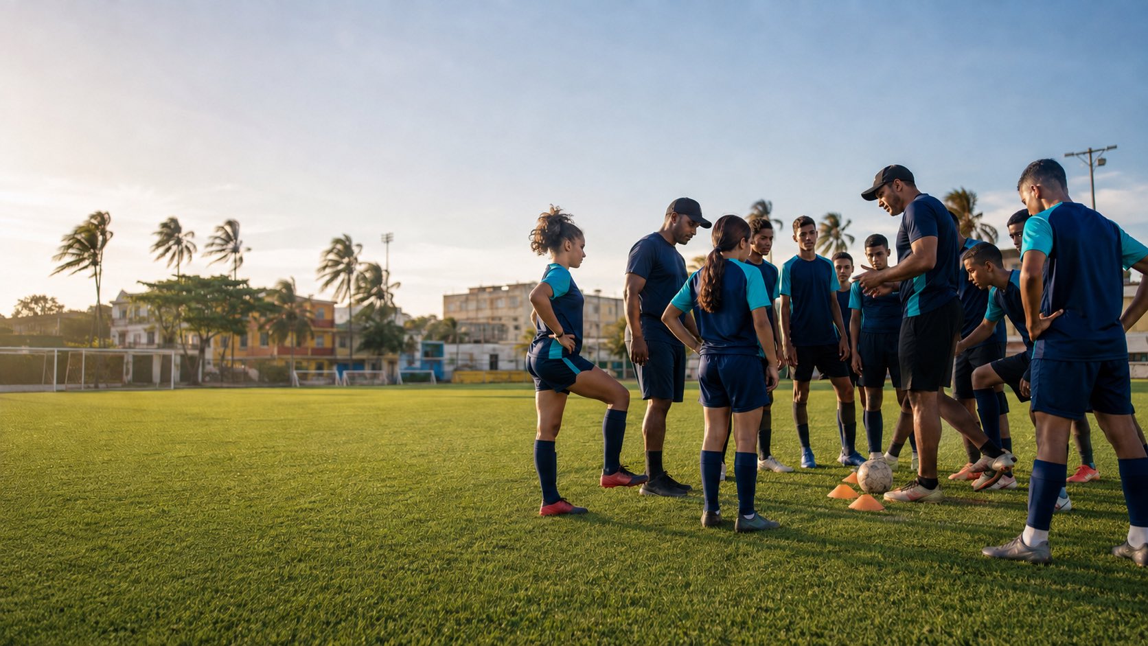 Un grupo de adolescentes en indumentaria deportiva escucha a dos entrenadores junto a una cancha de césped, con palmeras y casas bajas de colores al fondo, a contraluz del atardecer