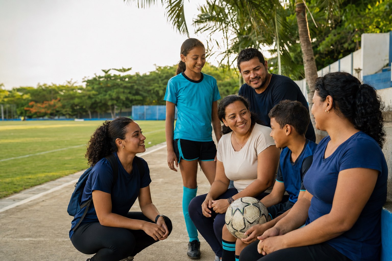 Un grupo de adultos y adolescentes conversa sentado en el borde de una cancha, con un balón desgastado entre las manos y palmeras al fondo